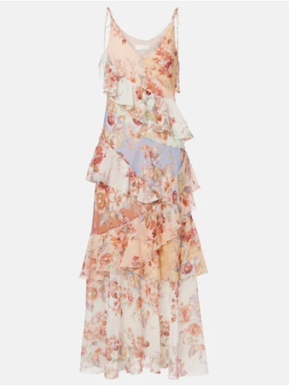 Zimmermann Peach and Cream Floral Ruffle Maxi Dress